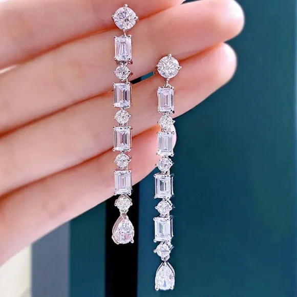 Long Silver Zircon Dangle Earrings - Picture 5 of 7